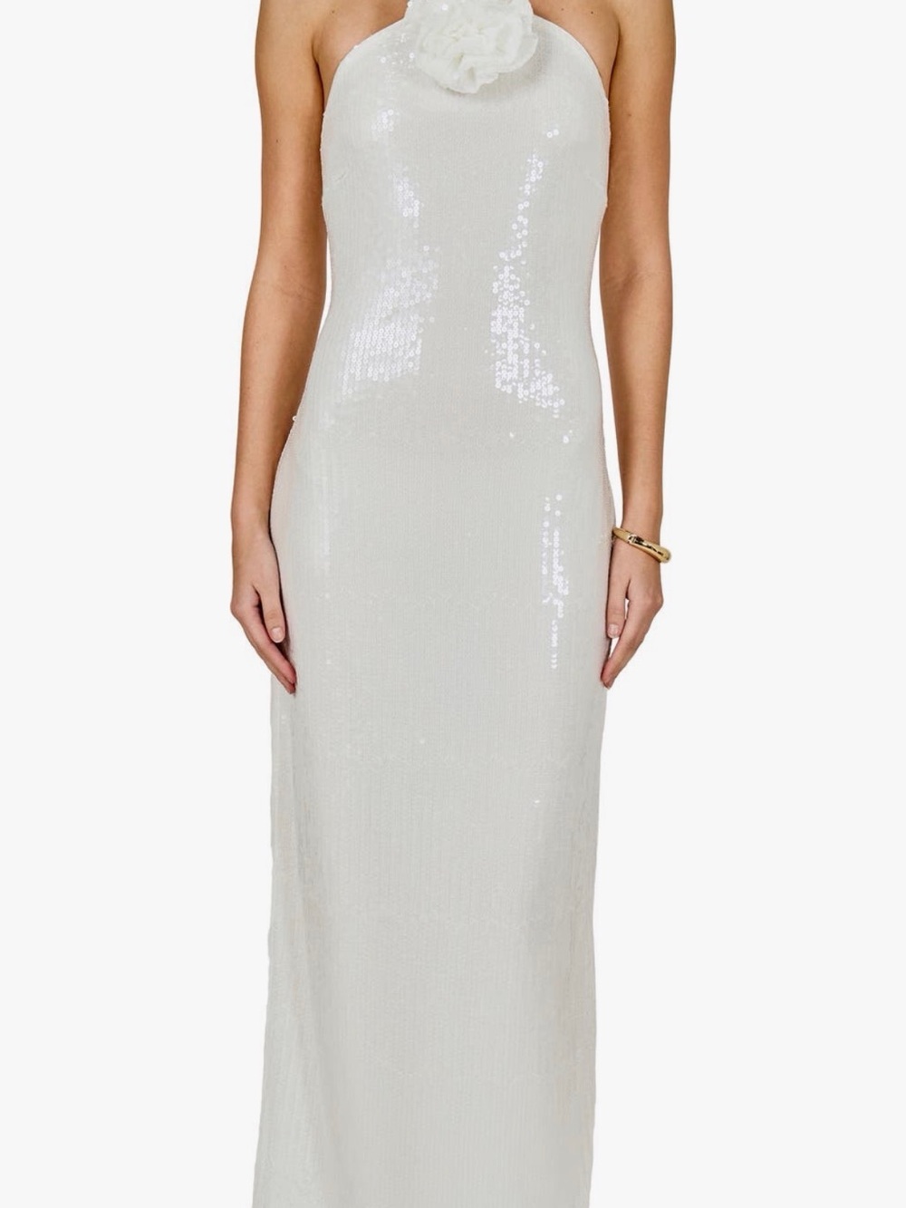 Endless Rose White Sequin Strapless Column Gown with Floral Applique